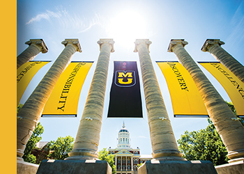 Photo of the six Mizzou columns with banners hanging between each column.