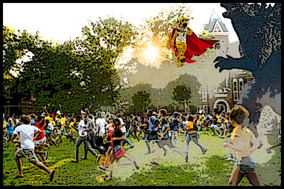 Truman the Tiger fighting a monster on the Quad.